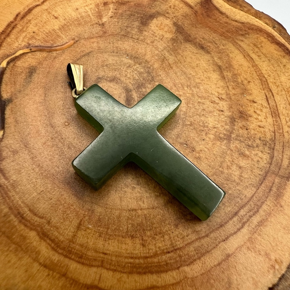 Vintage Carved Green Stone Cross Pendant with 12k Gold Filled Bail